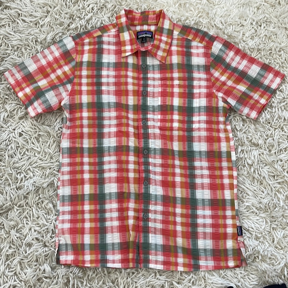 Patagonia Plaid Button Down Shirt, Size Medium, Red/Orange/Gray